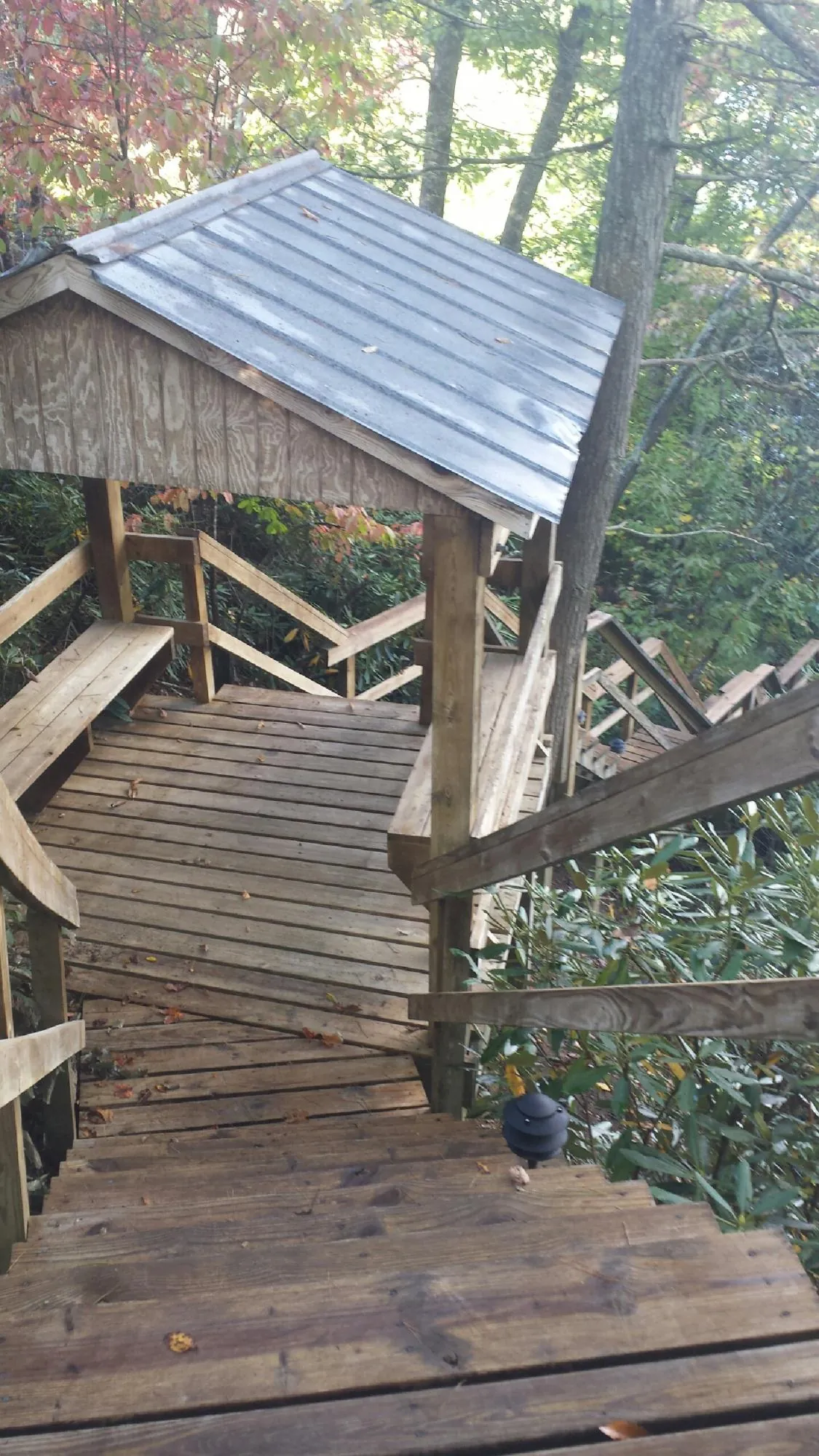 Metal roofed shelter over wooden steps on a wooded walkway — Skylight Repair & Installation work by our crew in Earth City